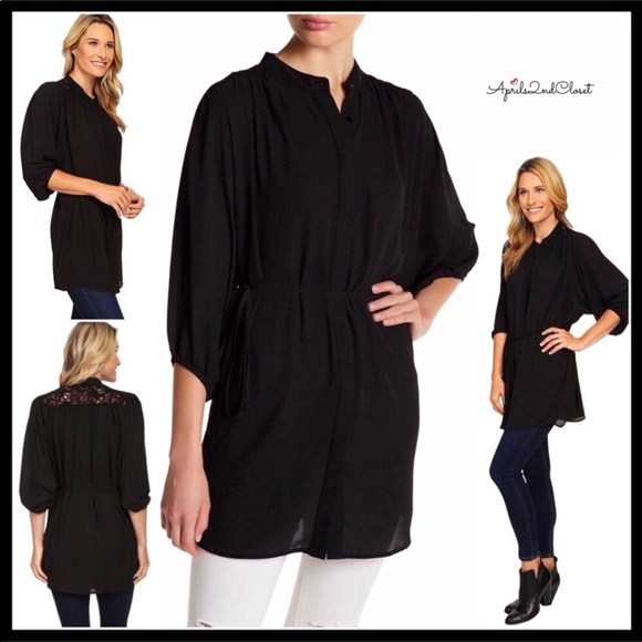 BLACK V-NECK BOHO CROCHET LACE TUNIC TOP BLOUSE - Picture 3 of 8